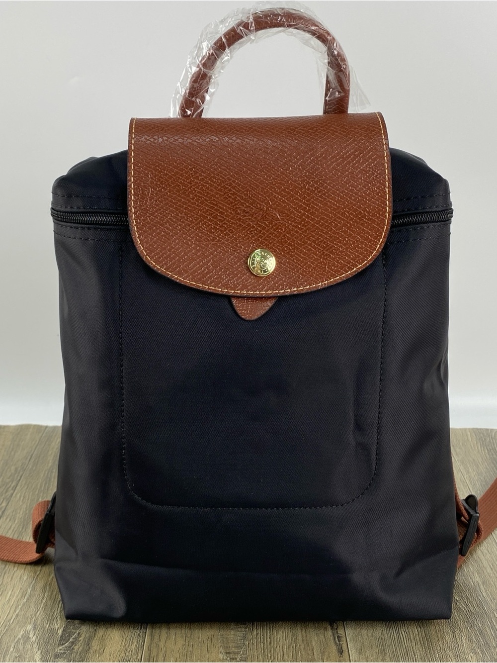 Black Nylon Backpack with Brown Leather Flap